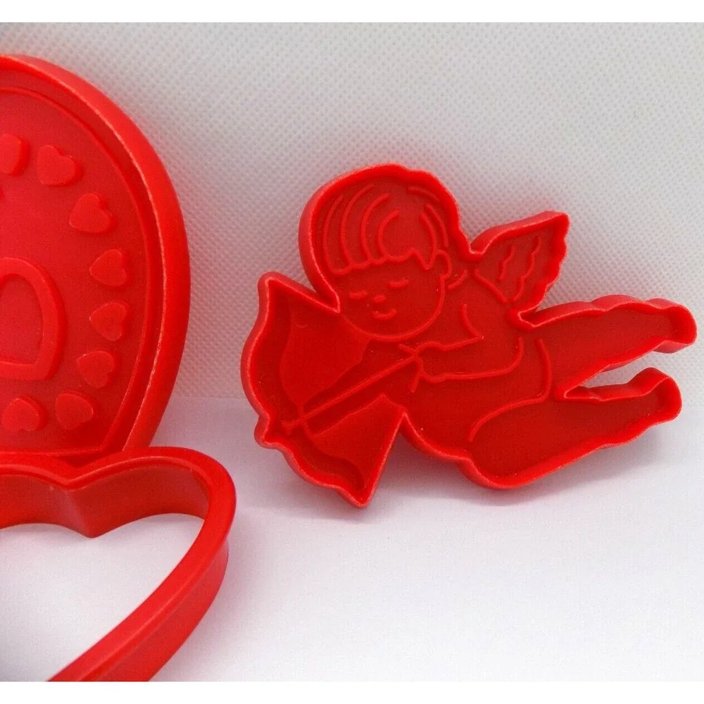 Vintage Hallmark Valentine Cookie Cutter Set Red Plastic Heart Cupid 3 Piece